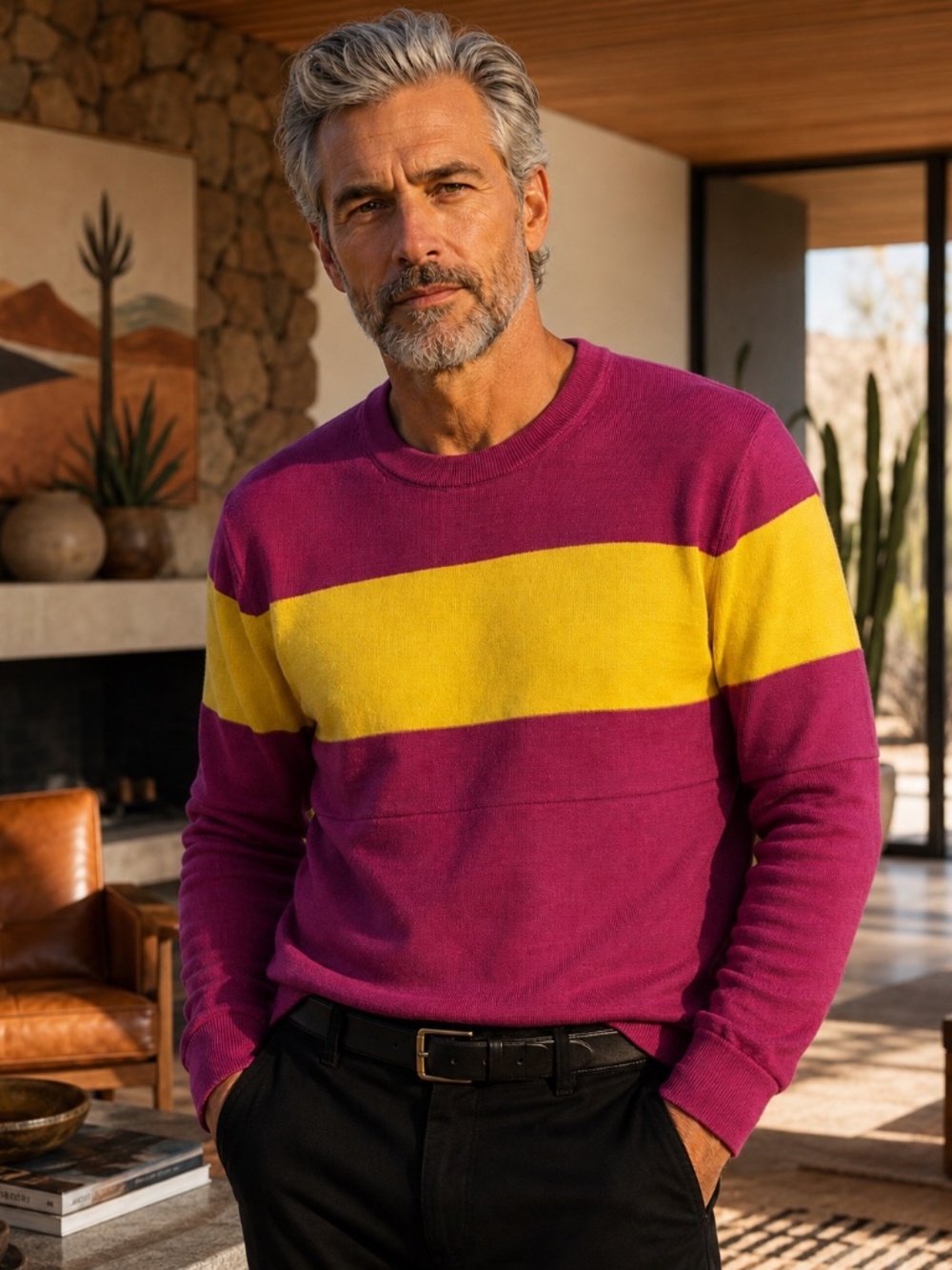 Mr Turk Trina Turk Men’s Magenta Yellow Stripe Cotton Crewneck Sweater XL